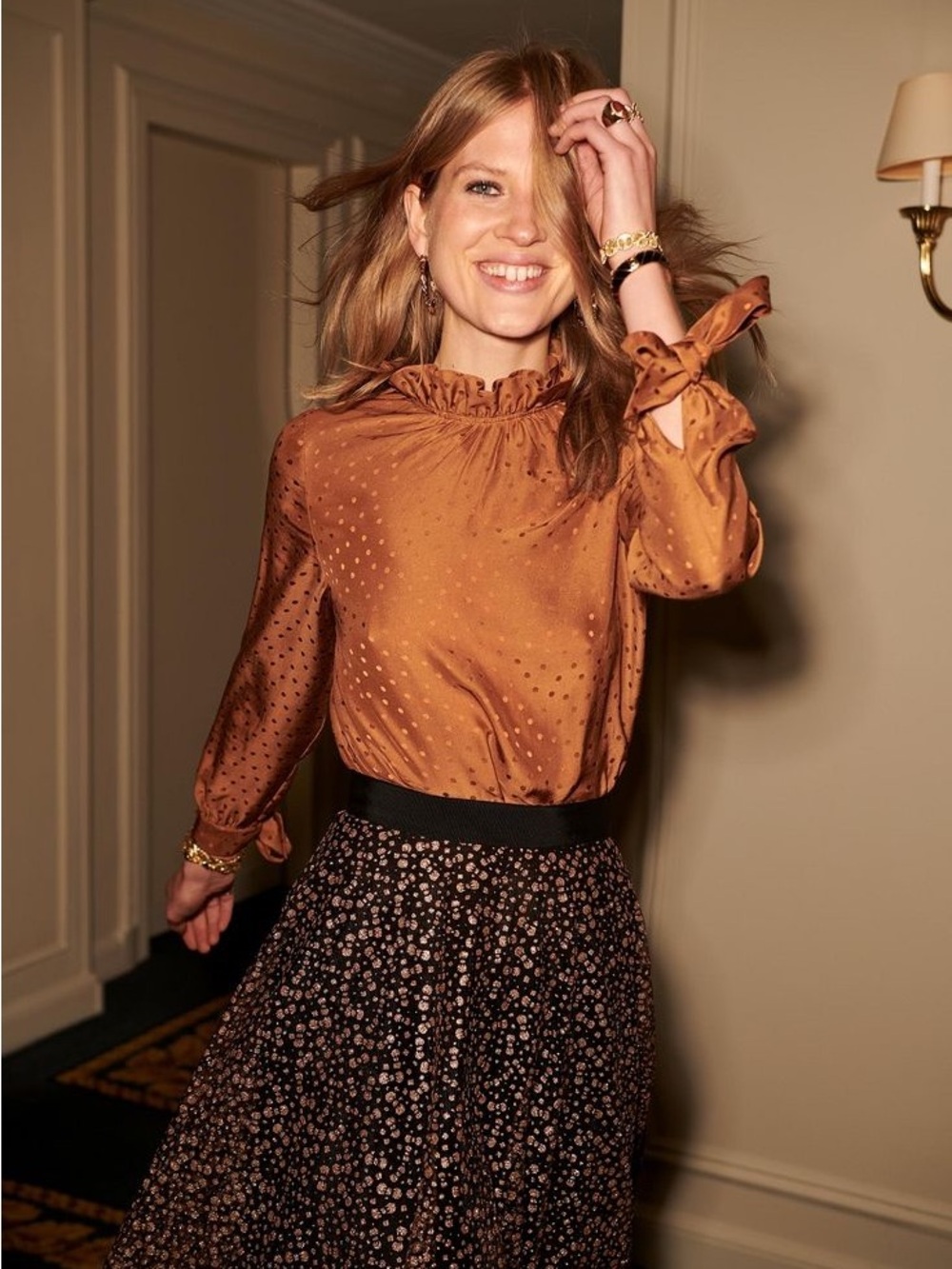Sezane x Manoush Brown Ruffle-Neck Long Sleeve Blouse Silk